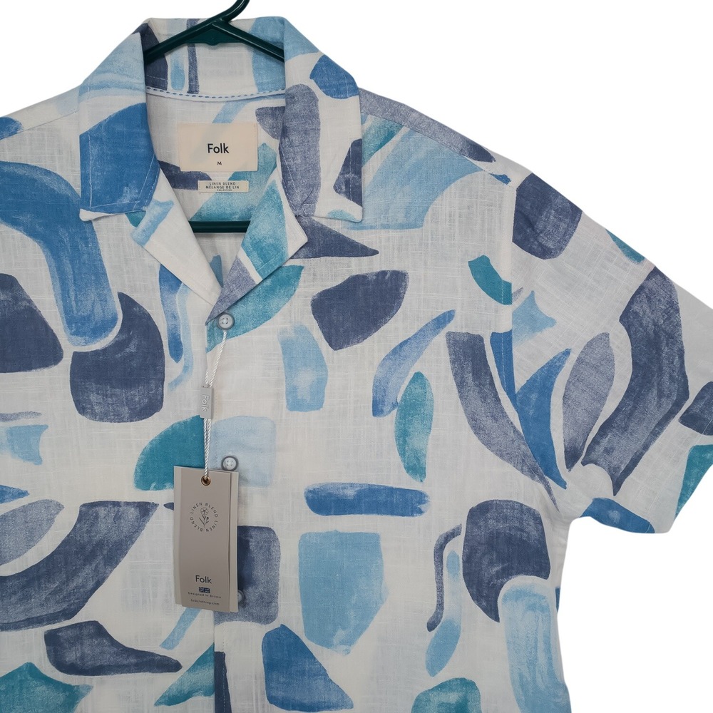 Folk Palcont‎ SS Shirt Mens M Blue Abstract Print Viscose Linen Blend